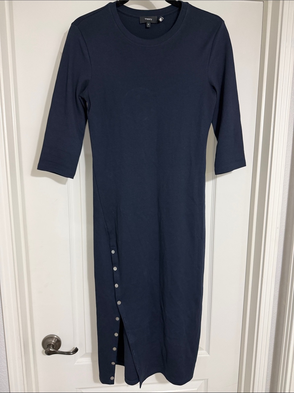 Theory Navy Midi Dress with Three-Quarter Sleeves and Side buttons size M ribbed